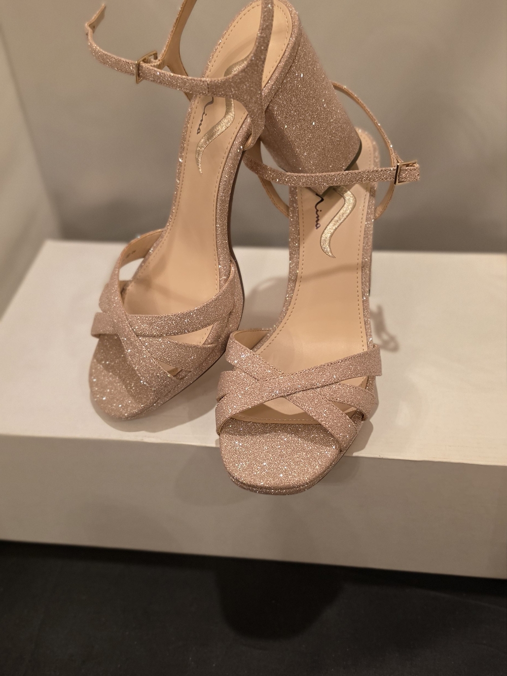 Nina Rose Gold Glitter Ankle-Strap Block Heel Sandals